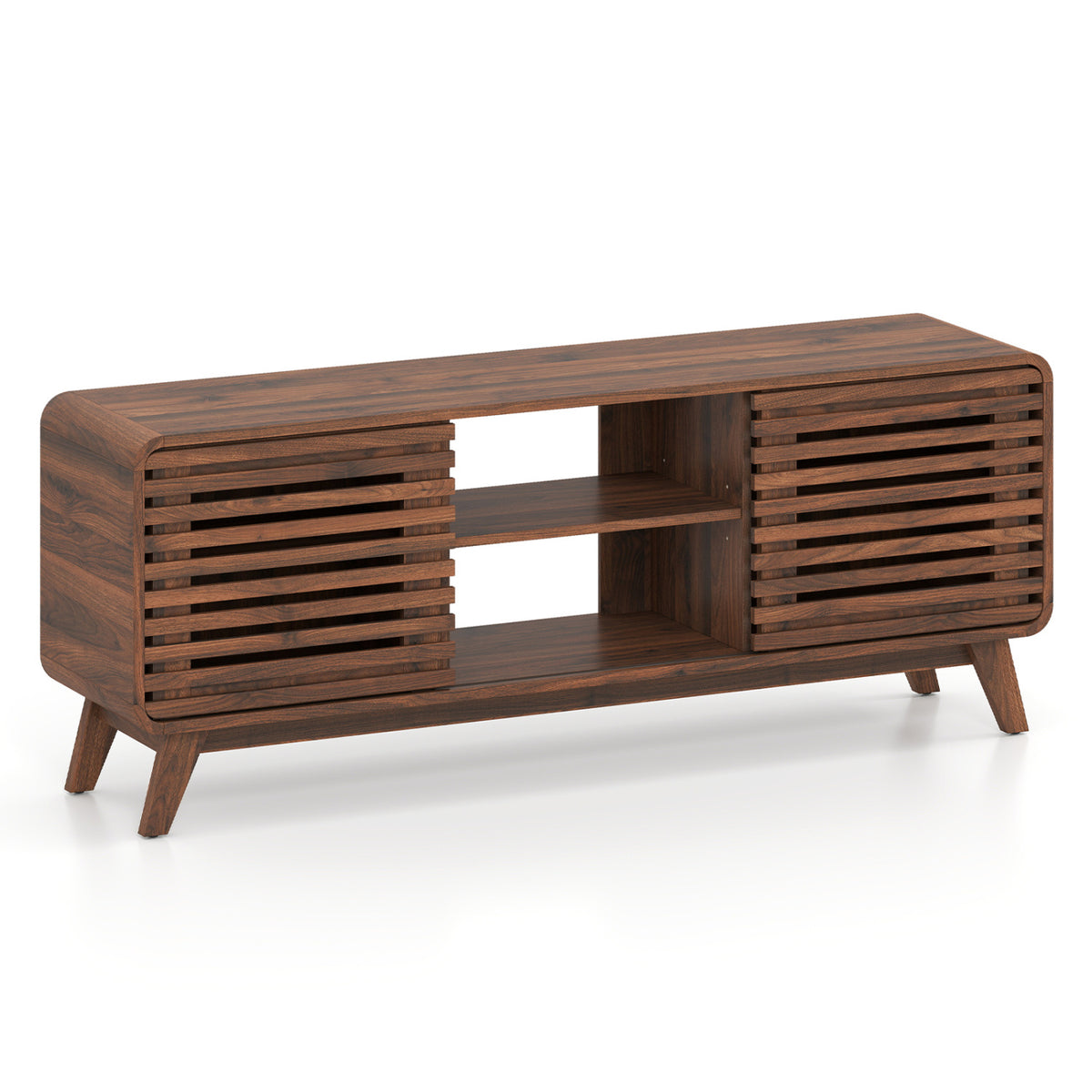 Mid Century Modern Entertainment Center with Grille-style Sliding Doors for Living Room-Walnut
