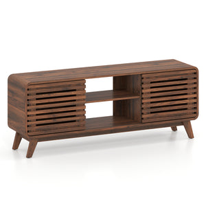 Mid Century Modern Entertainment Center with Grille-style Sliding Doors for Living Room-Walnut