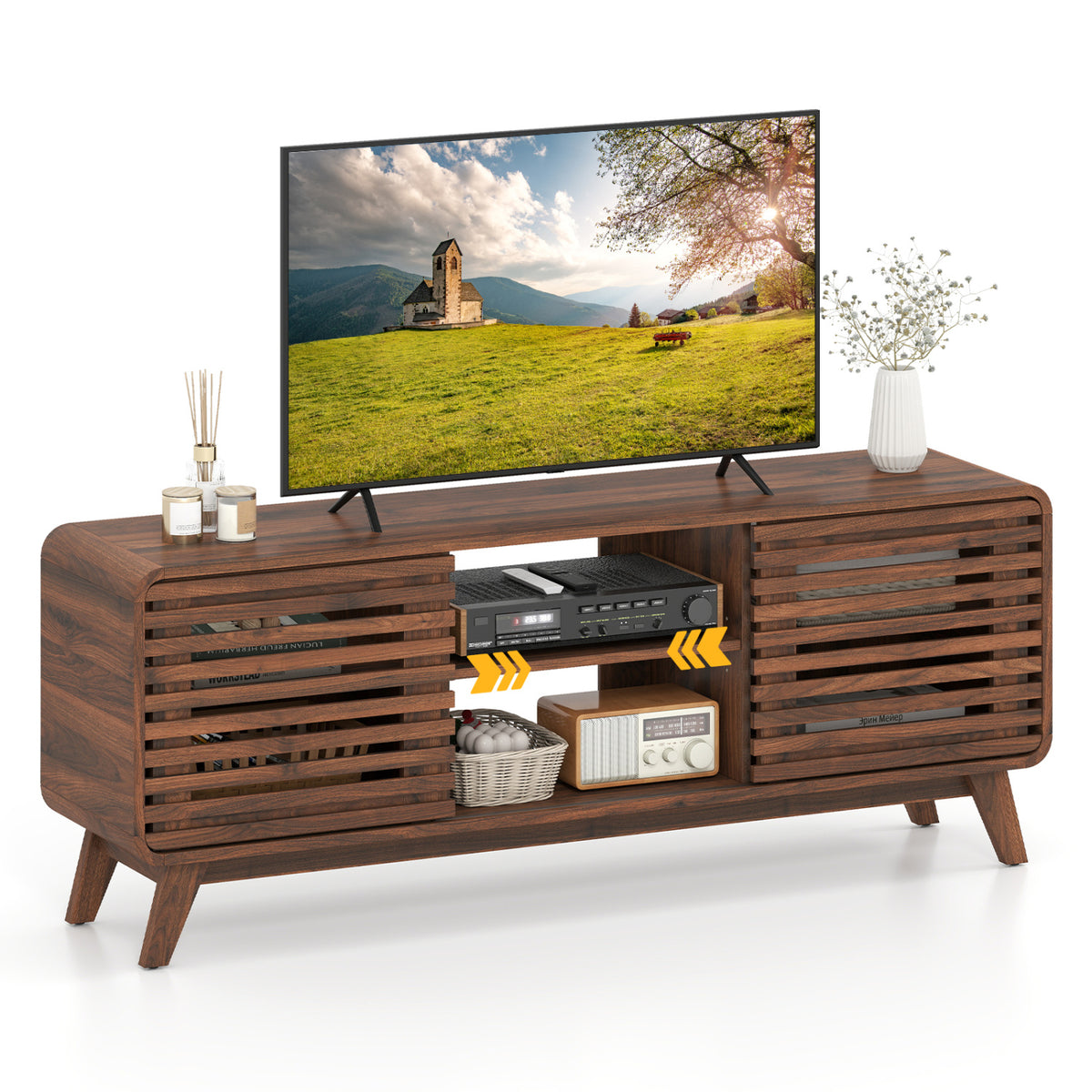 Mid Century Modern Entertainment Center with Grille-style Sliding Doors for Living Room-Walnut