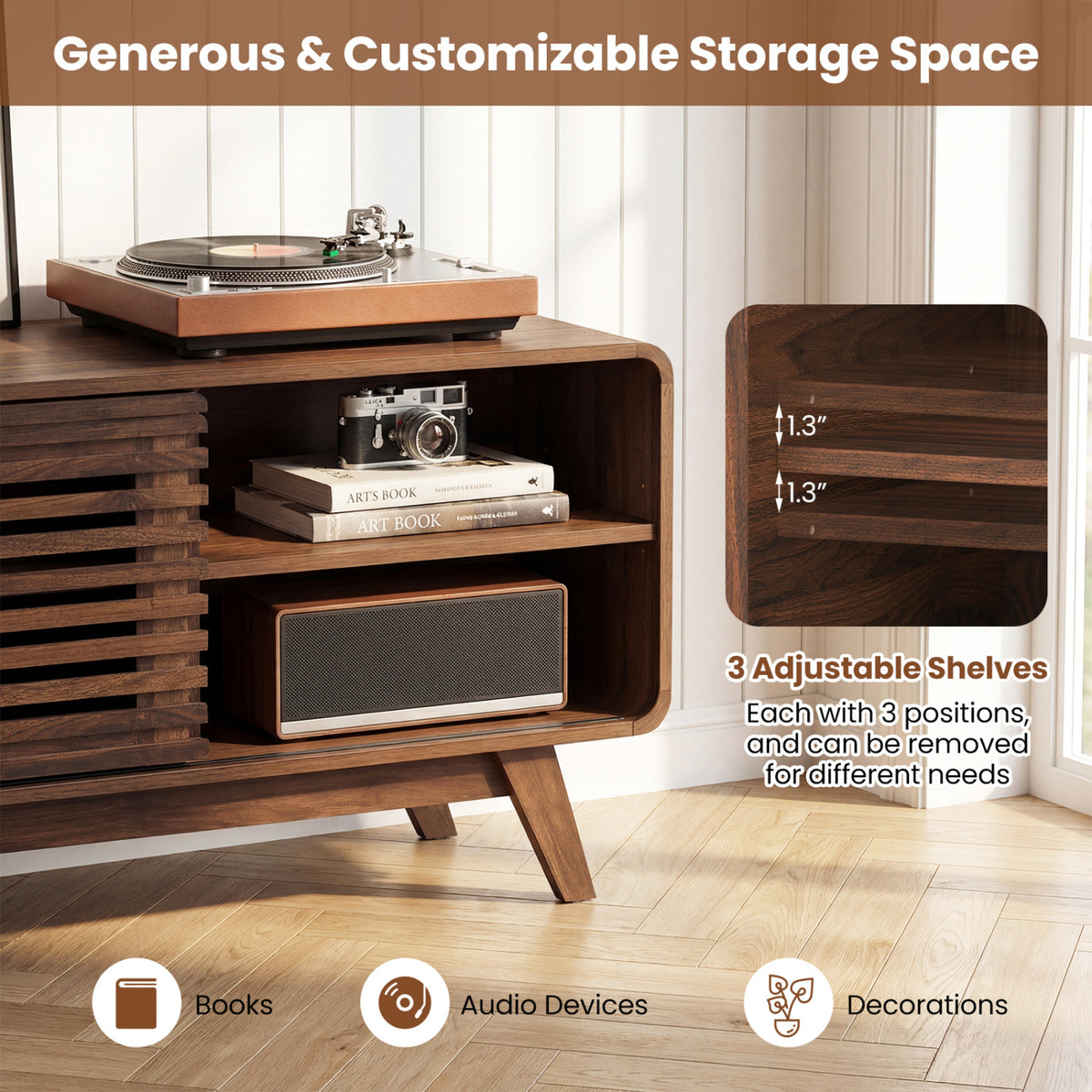 Mid Century Modern Entertainment Center with Grille-style Sliding Doors for Living Room-Walnut