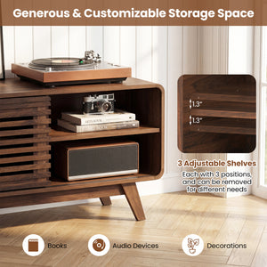 Mid Century Modern Entertainment Center with Grille-style Sliding Doors for Living Room-Walnut