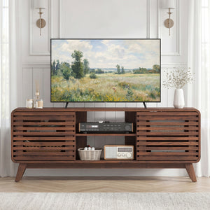 Mid Century Modern Entertainment Center with Grille-style Sliding Doors for Living Room-Walnut