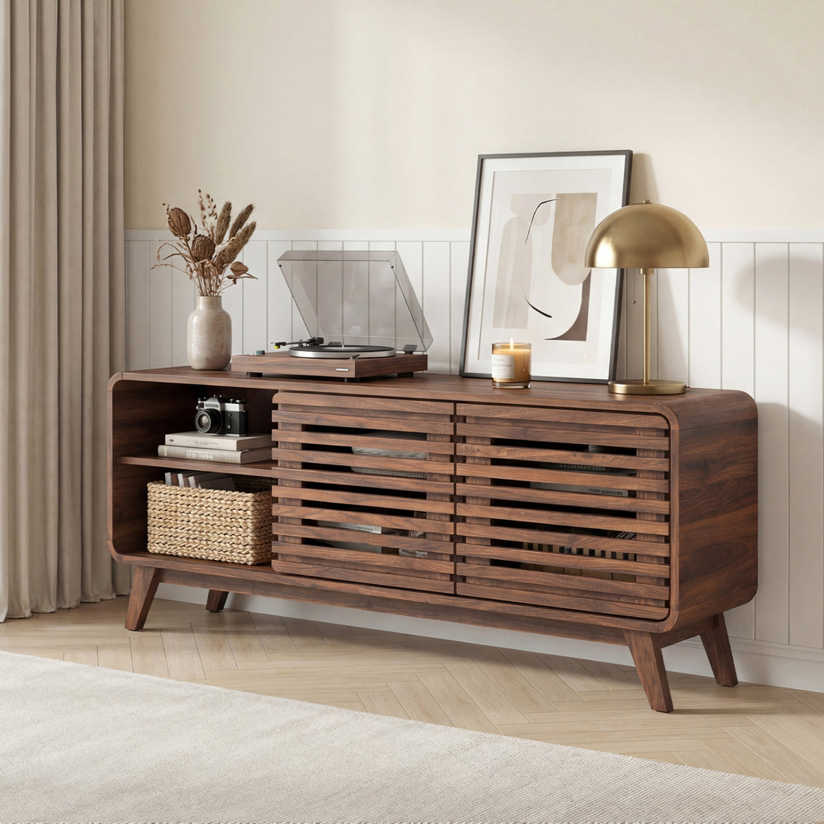 Mid Century Modern Entertainment Center with Grille-style Sliding Doors for Living Room-Walnut