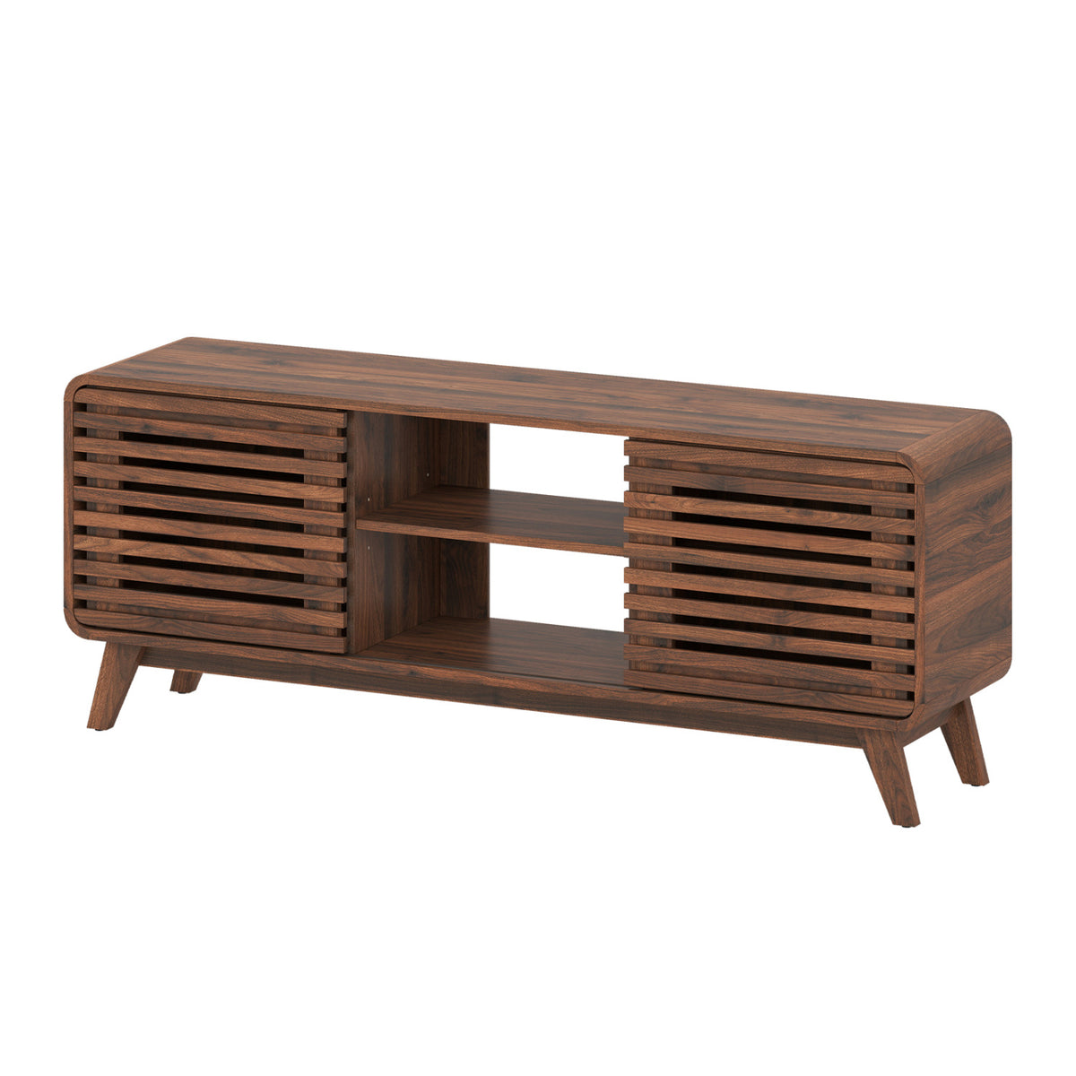 Mid Century Modern Entertainment Center with Grille-style Sliding Doors for Living Room-Walnut