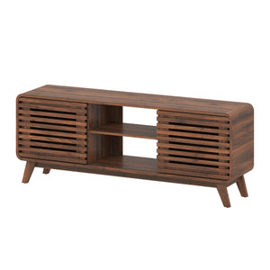 Mid Century Modern Entertainment Center with Grille-style Sliding Doors for Living Room-Walnut