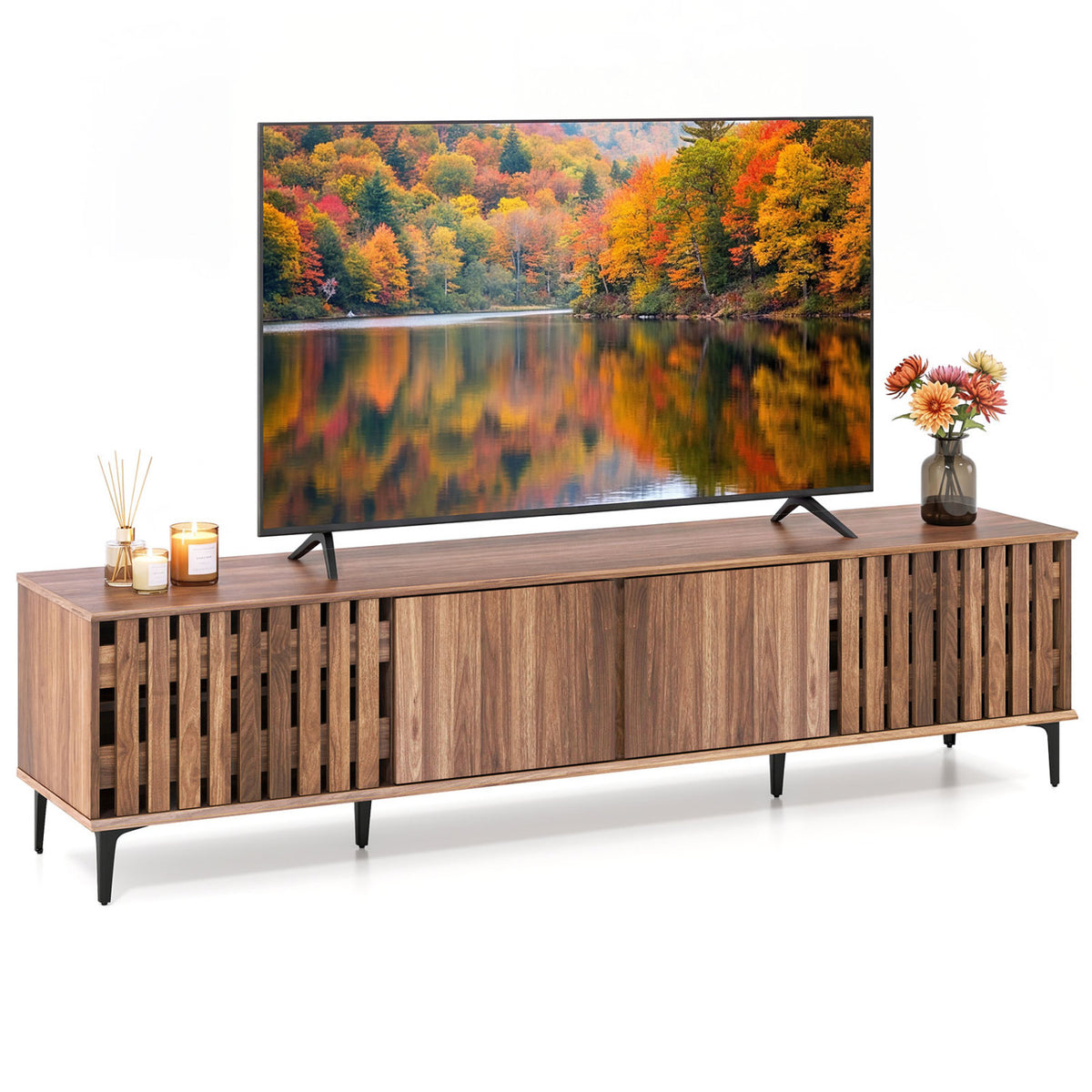 Mid Century Modern Entertainment Center with 4 Storage Cabinets for Living Room-Walnut