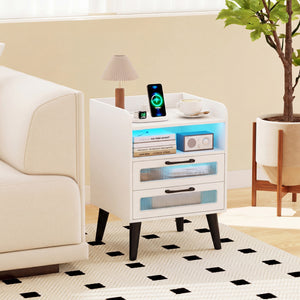 Mid Century Modern Nightstand with Charging Station and LED Lights-White