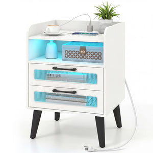 Mid Century Modern Nightstand with Charging Station and LED Lights-White