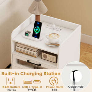 Mid Century Modern Nightstand with Charging Station and LED Lights-White