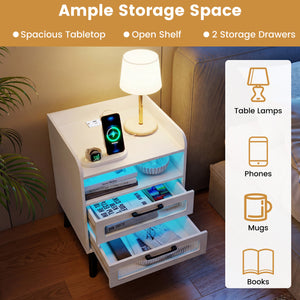 Mid Century Modern Nightstand with Charging Station and LED Lights-White