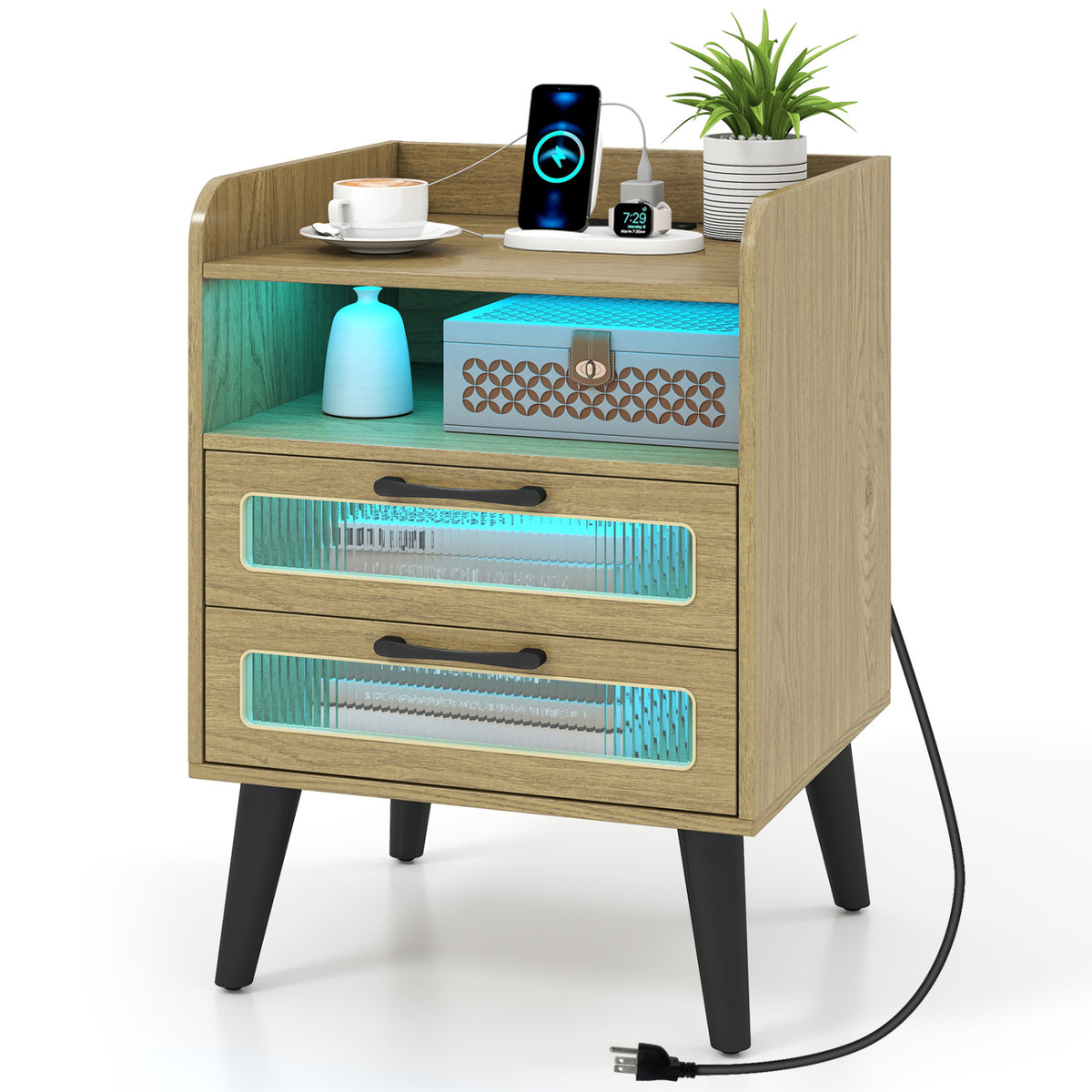 Mid Century Modern Nightstand with Charging Station and LED Lights-Natural