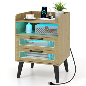 Mid Century Modern Nightstand with Charging Station and LED Lights-Natural