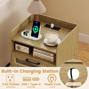 Mid Century Modern Nightstand with Charging Station and LED Lights-Natural