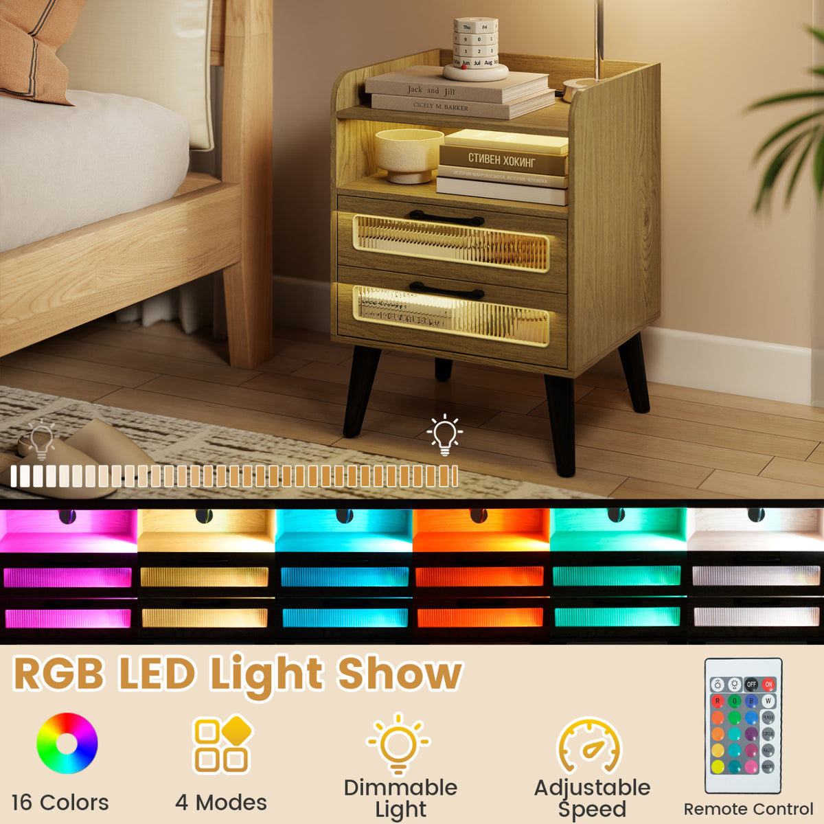 Mid Century Modern Nightstand with Charging Station and LED Lights-Natural