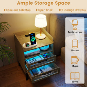Mid Century Modern Nightstand with Charging Station and LED Lights-Natural