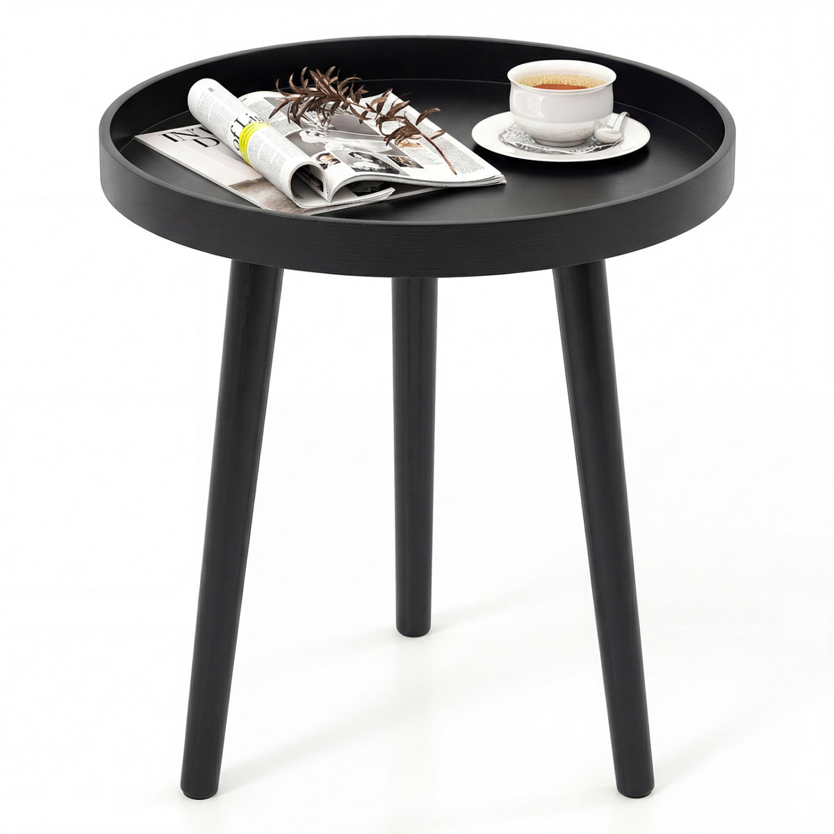 Mid Century Modern Round Side Sofa Coffee Table with Wooden Tray-Black