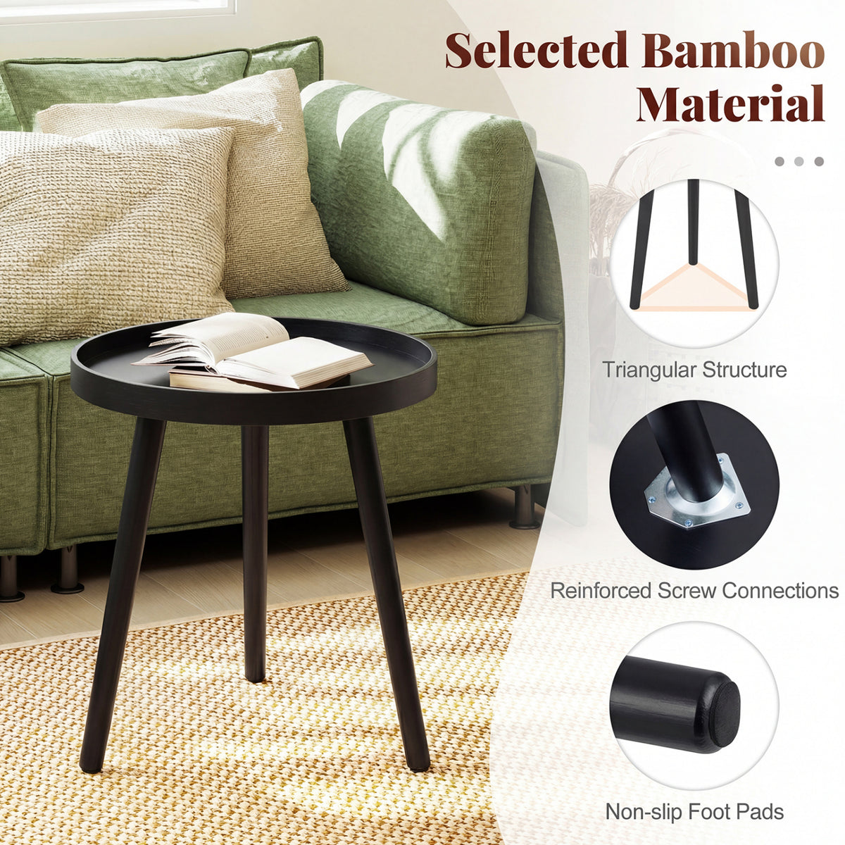 Mid Century Modern Round Side Sofa Coffee Table with Wooden Tray-Black