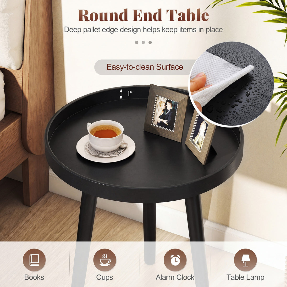 Mid Century Modern Round Side Sofa Coffee Table with Wooden Tray-Black