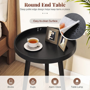Mid Century Modern Round Side Sofa Coffee Table with Wooden Tray-Black