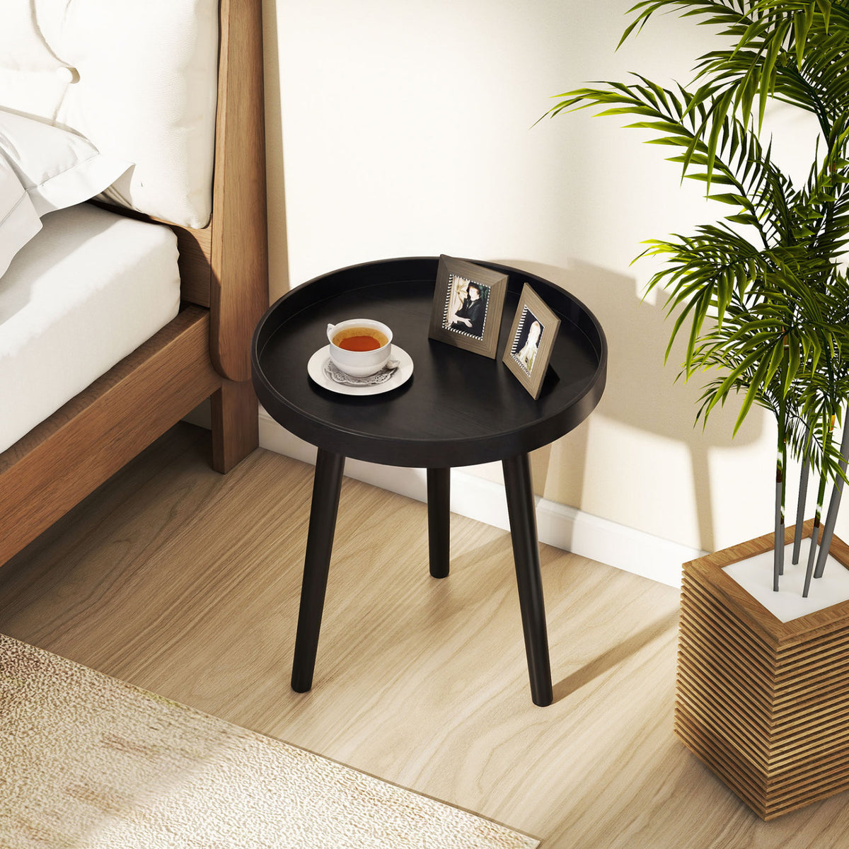 Mid Century Modern Round Side Sofa Coffee Table with Wooden Tray-Black