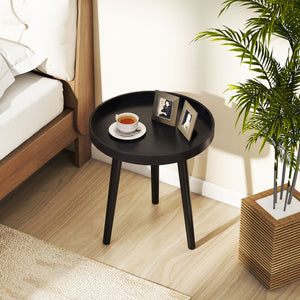 Mid Century Modern Round Side Sofa Coffee Table with Wooden Tray-Black