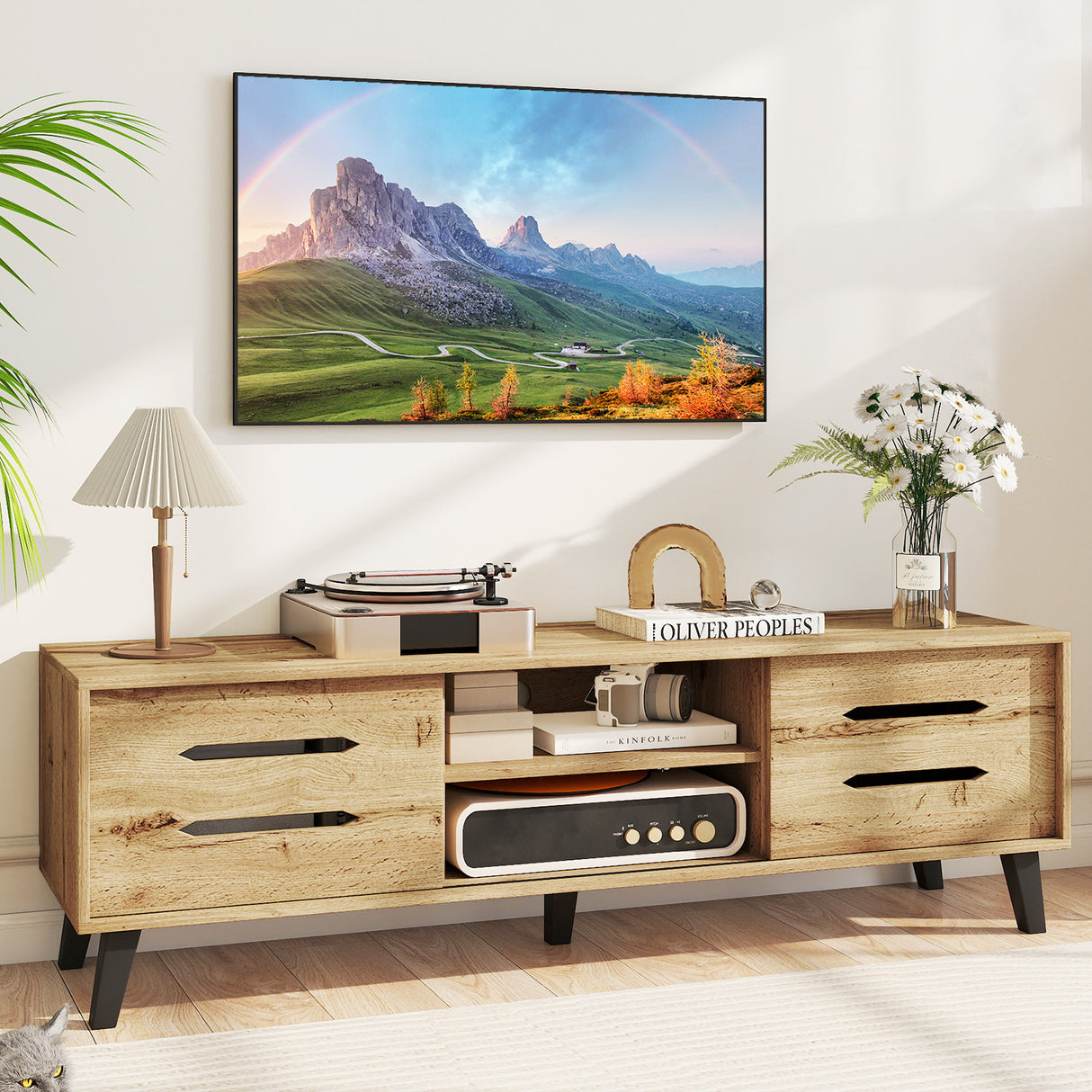 Mid Century Modern TV Stand with Sliding Doors and Cable Hole for 65 Inch TVs-Natural
