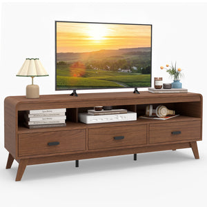 Mid Century Modern TV Stand for TVs up to 70" with 3 Storage Drawers and Open Shelves-Walnut