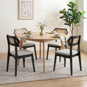 Mid Century Rattan Dining Chairs Set of 2 with Rattan Back and Solid Wood Frame-Black