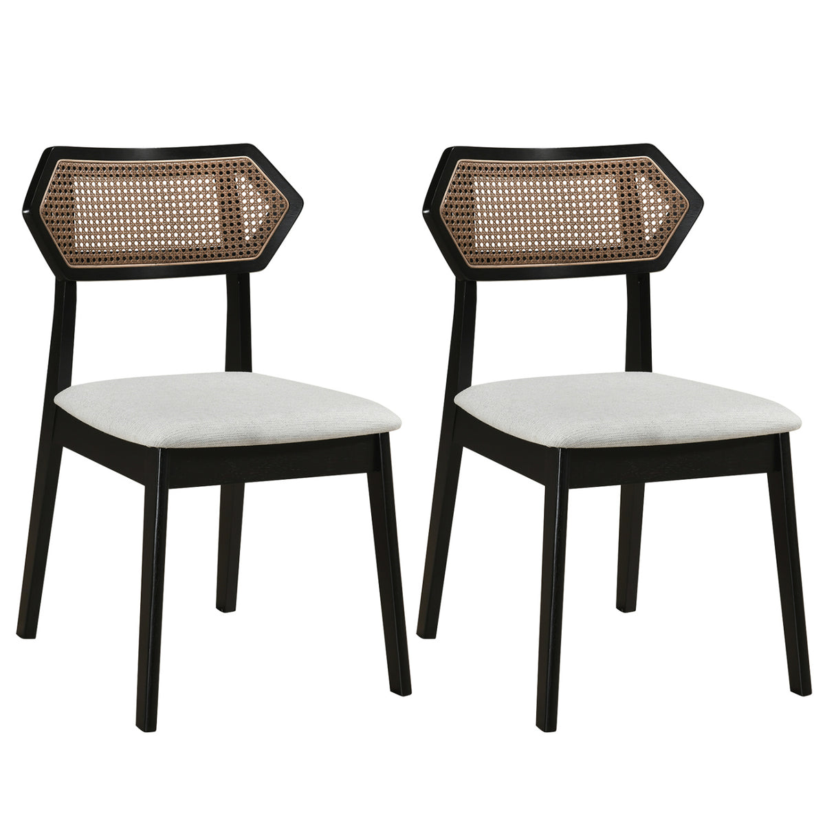Mid Century Rattan Dining Chairs Set of 2 with Rattan Back and Solid Wood Frame-Black
