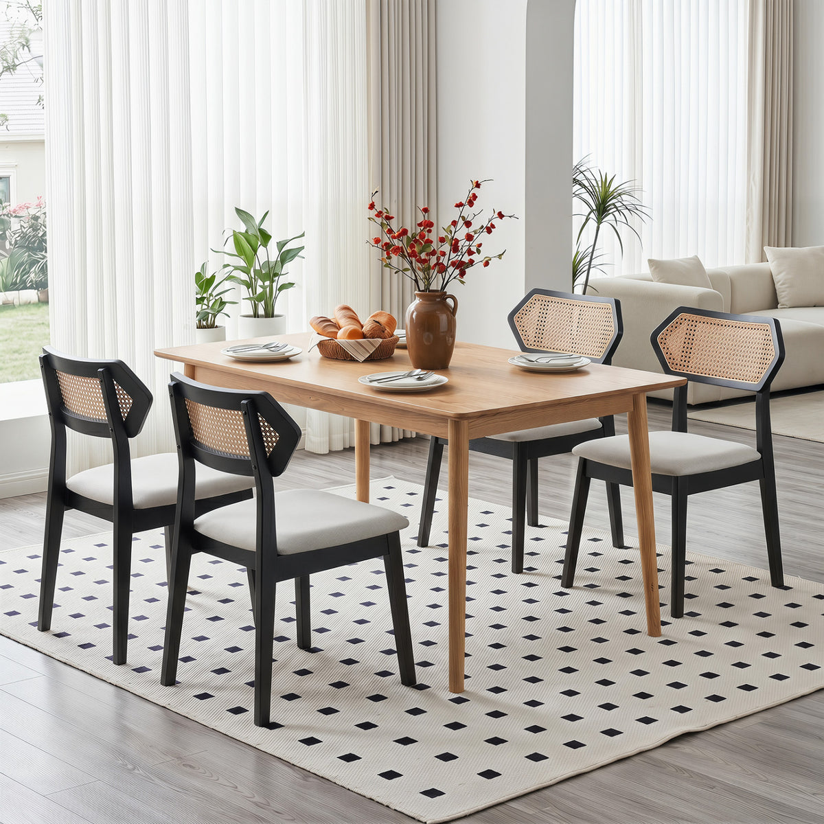 Mid Century Rattan Dining Chairs Set of 2 with Rattan Back and Solid Wood Frame-Black