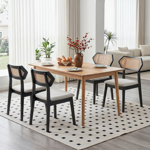 Mid Century Rattan Dining Chairs Set of 2 with Rattan Back and Solid Wood Frame-Black