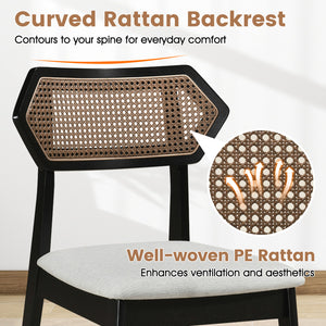 Mid Century Rattan Dining Chairs Set of 2 with Rattan Back and Solid Wood Frame-Black