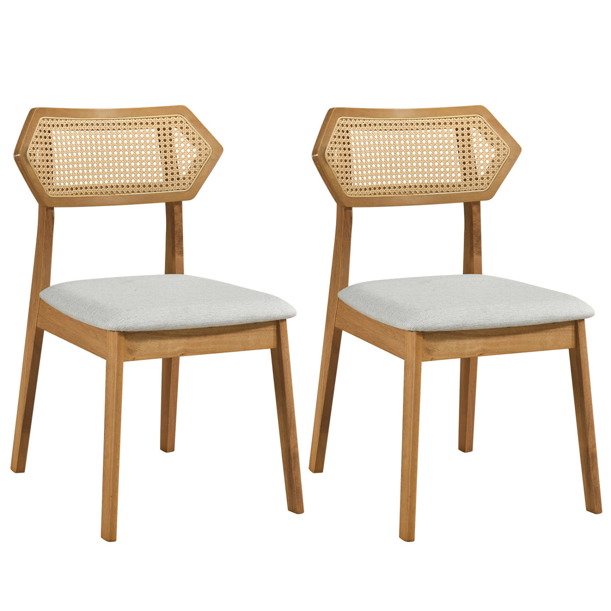 Mid Century Rattan Dining Chairs Set of 2 with Rattan Back and Solid Wood Frame-Natural