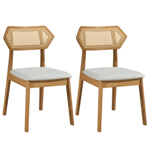 Mid Century Rattan Dining Chairs Set of 2 with Rattan Back and Solid Wood Frame-Natural