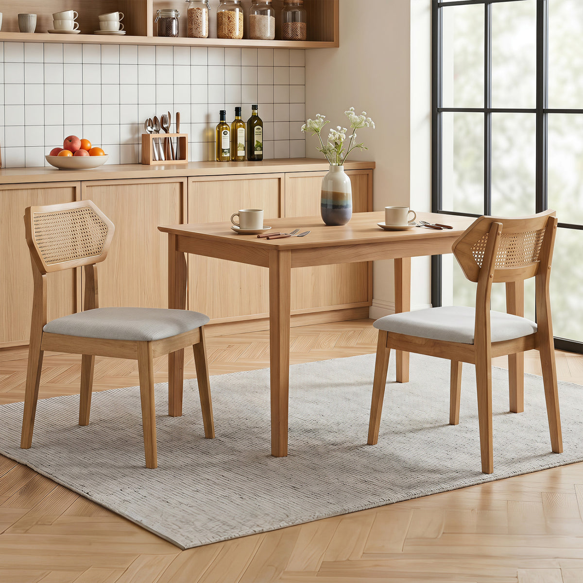 Mid Century Rattan Dining Chairs Set of 4 with Rattan Back-Natural