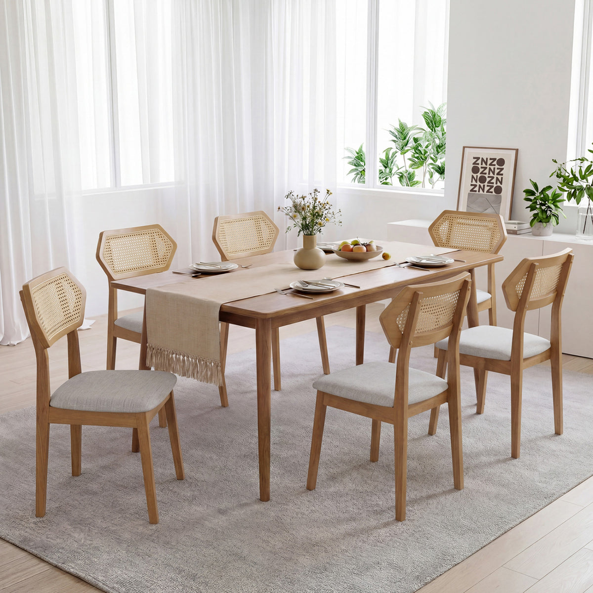 Mid Century Rattan Dining Chairs Set of 4 with Rattan Back-Natural