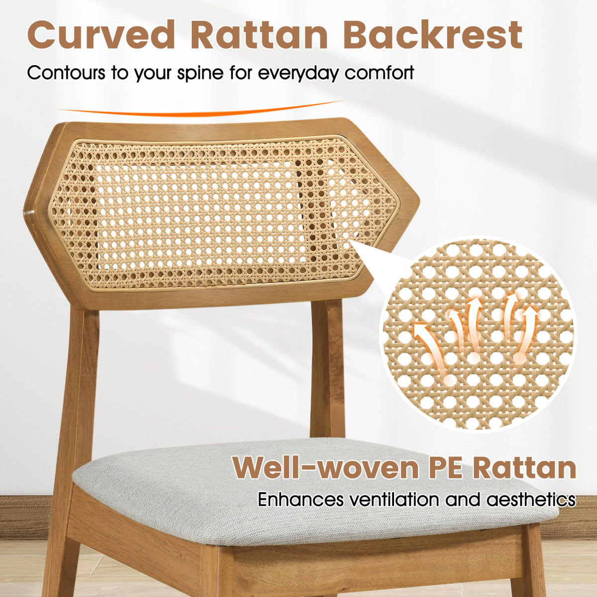 Mid Century Rattan Dining Chairs Set of 4 with Rattan Back-Natural