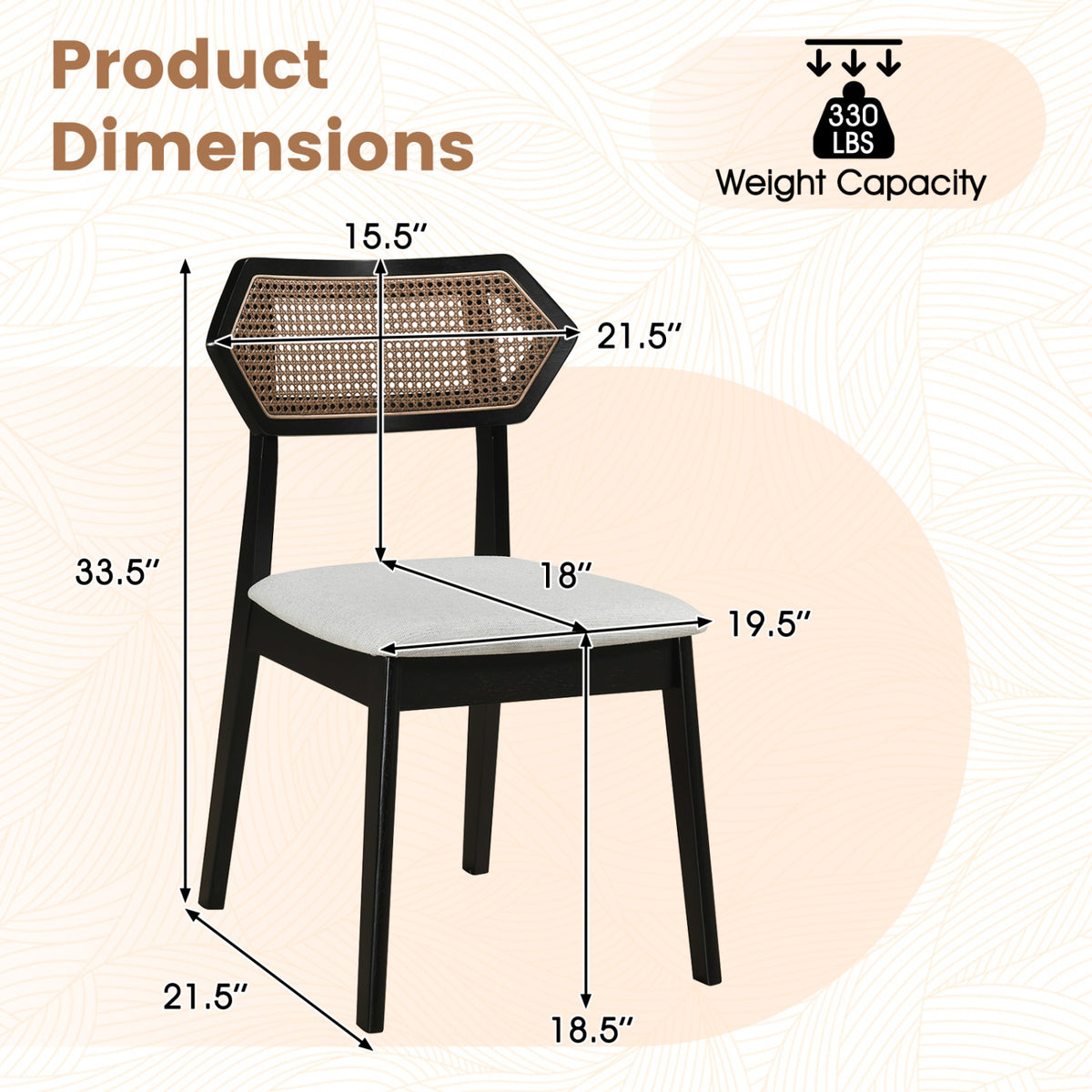 Mid Century Rattan Dining Chairs Set of 4 with Rattan Back-Black