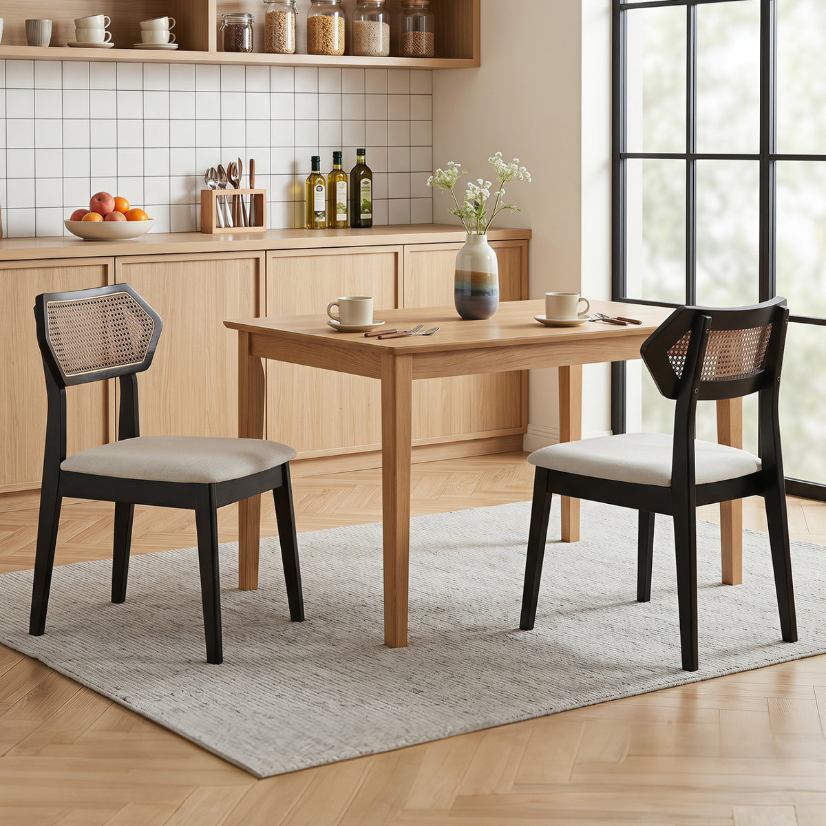 Mid Century Rattan Dining Chairs Set of 4 with Rattan Back-Black