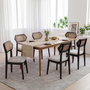 Mid Century Rattan Dining Chairs Set of 4 with Rattan Back-Black