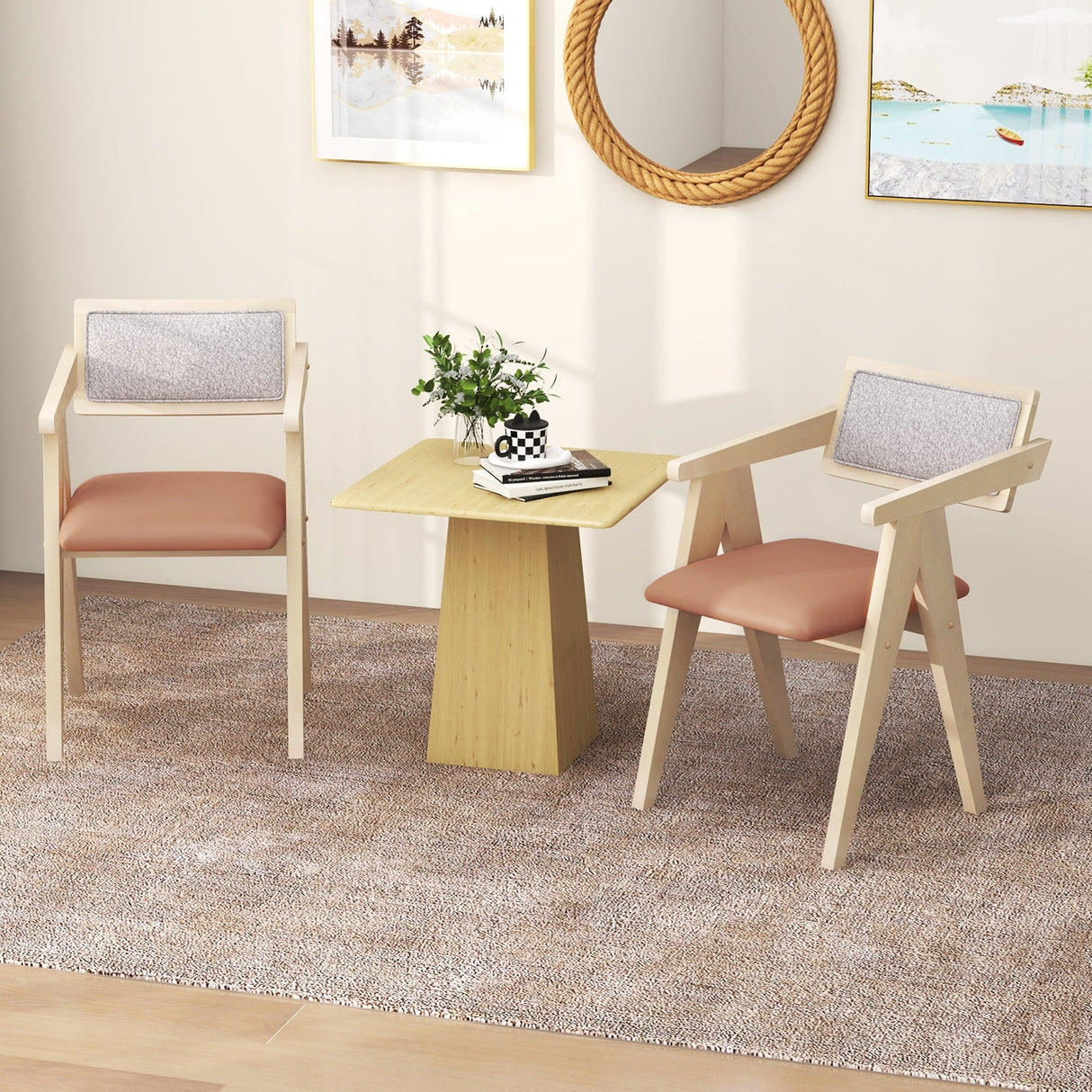 Mid Century Wooden Accent Chairs with Leathaire Seat Cushions Set of 2-Beige