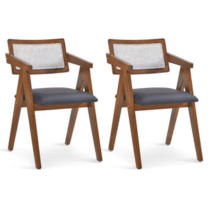 Mid Century Wooden Accent Chairs with Leathaire Seat Cushions Set of 2-Walnut