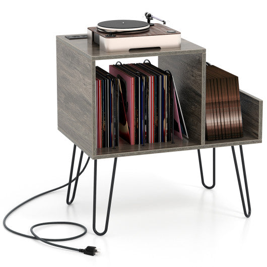Mid-century Record Player Stand with Power Outlet and Vinyl Divider-Gray