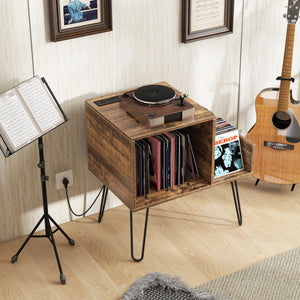 Mid-century Record Player Stand with Power Outlet and Vinyl Divider-Rustic Brown
