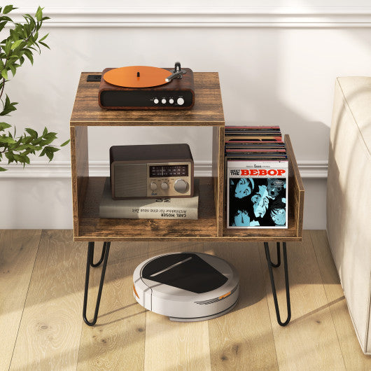 Mid-century Record Player Stand with Power Outlet and Vinyl Divider-Rustic Brown