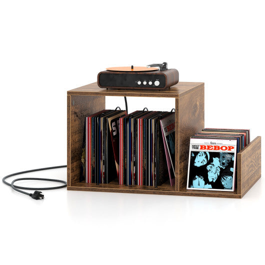 Mid-century Record Player Stand with Power Outlet and Vinyl Divider-Rustic Brown