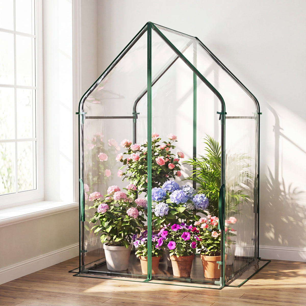 Mini Green House Metal Frame with Waterproof Bottom Mat and Wind Ropes-L