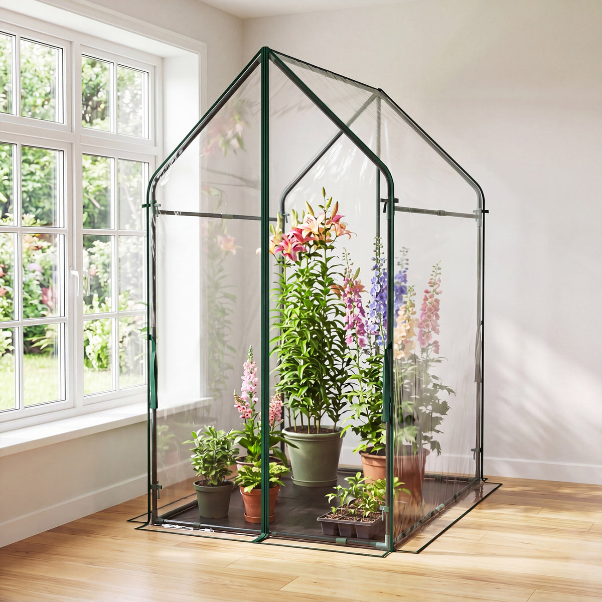 Mini Green House Metal Frame with Waterproof Bottom Mat and Wind Ropes-XL