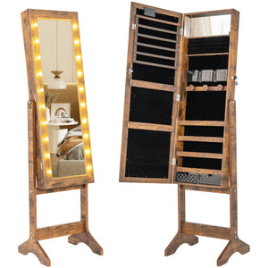 Mirror Jewelry Cabinet with 20 Warm Lights and 4 Tilt Angles-Rustic Brown