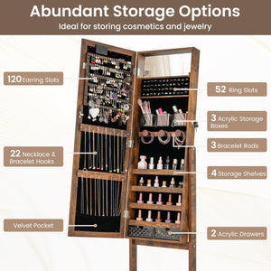Mirror Jewelry Cabinet with 20 Warm Lights and 4 Tilt Angles-Rustic Brown